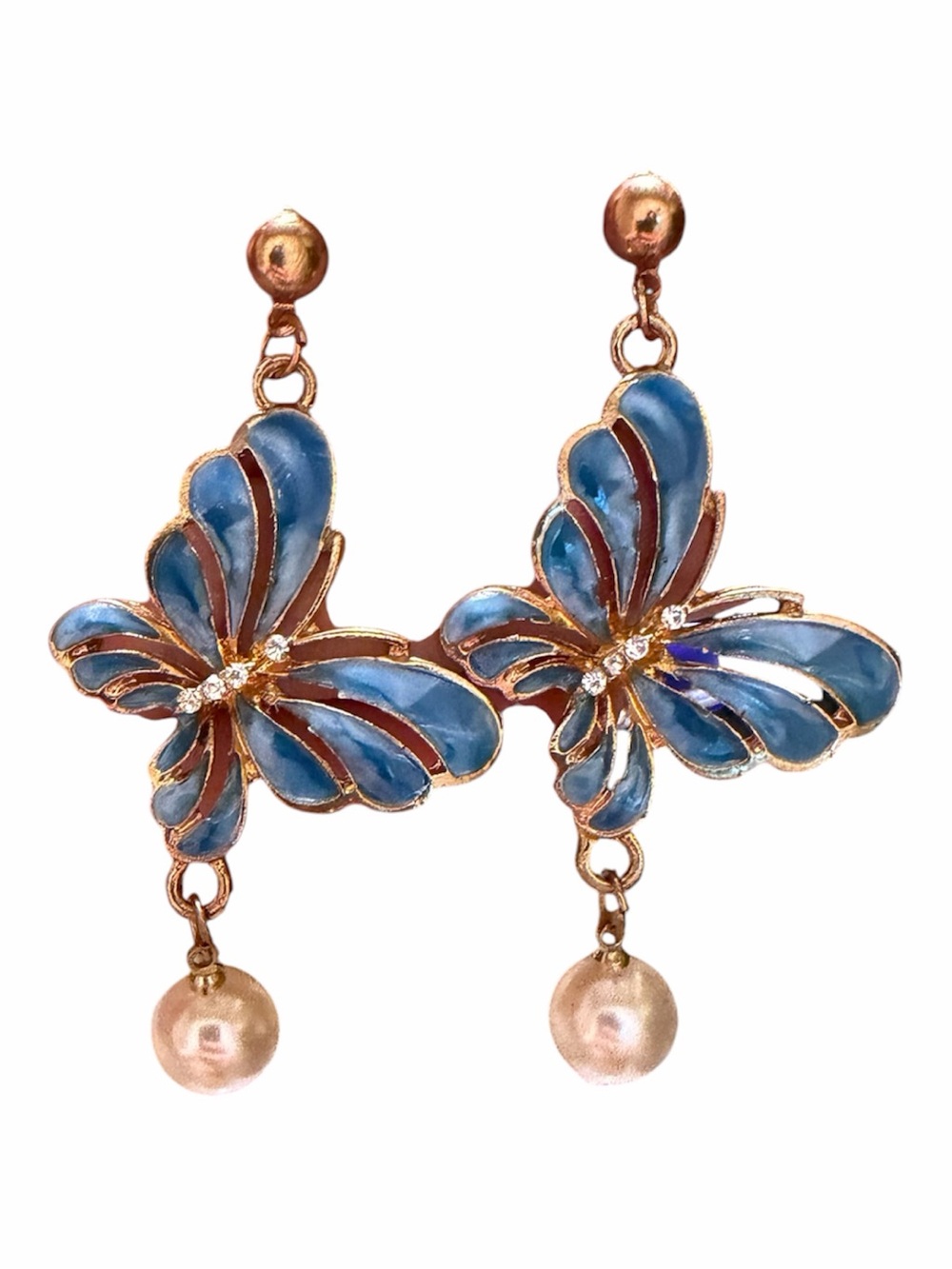 Blue Butterfly Drop Earrings with Pearl Charm
